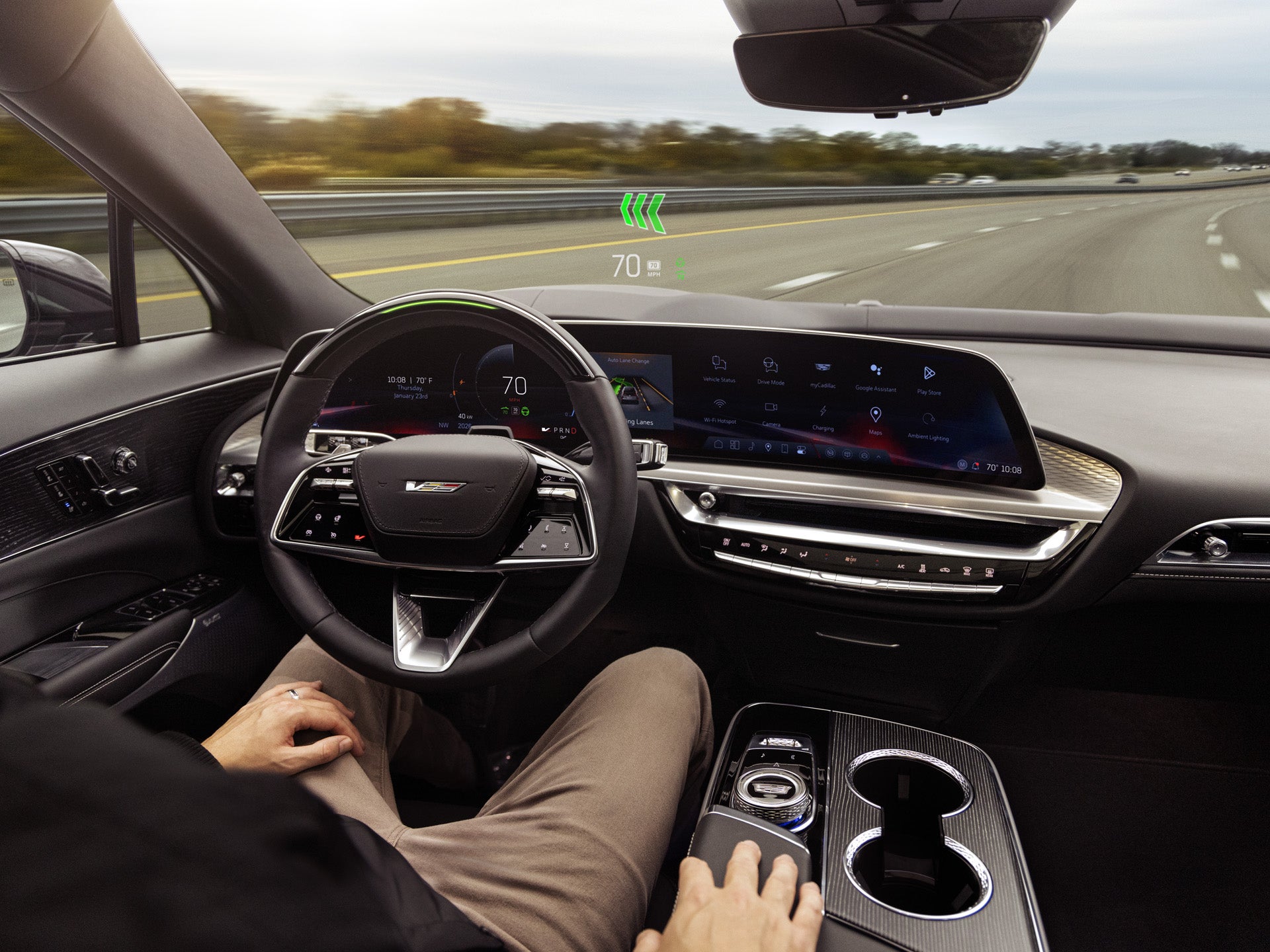 Cadillac Lyriq driver's seat view of the 33-inch Horizon Display on the highway