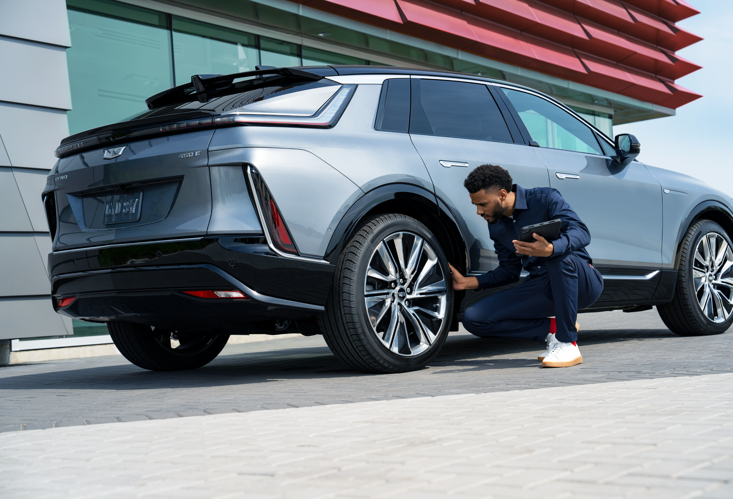 Cadillac Lyriq getting a tire and wheel inspection