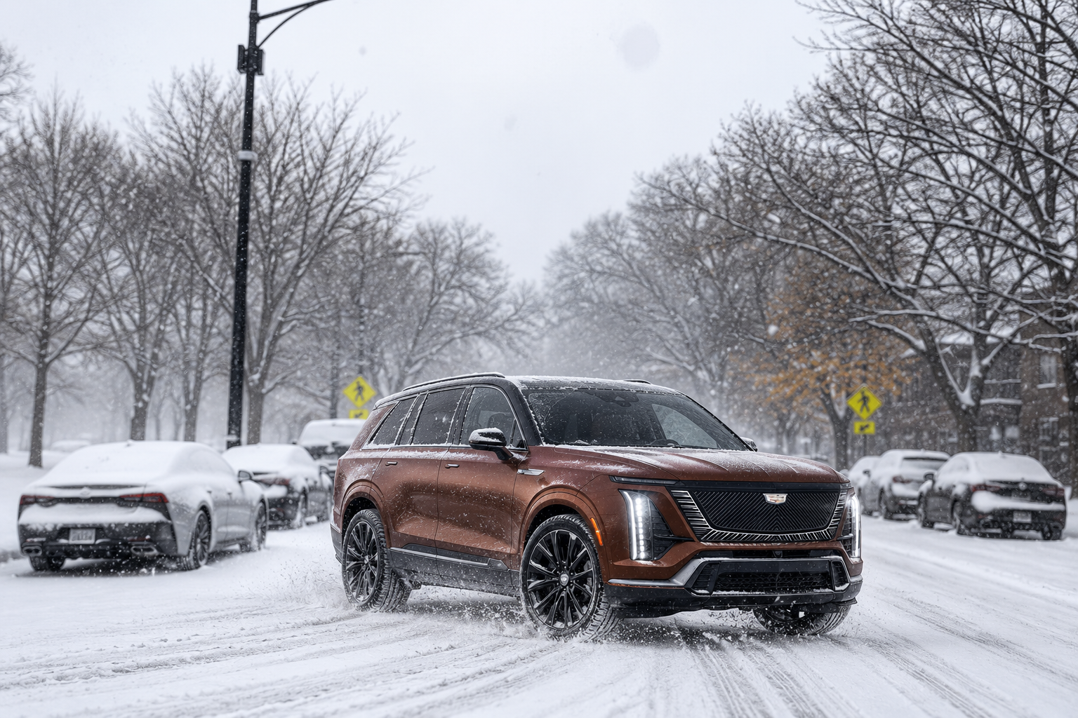 2027 Cadillac VISTIQ luxury electric SUV driving through a snowy Chicago-area street in winter near Arnie Bauer Cadillac in Matteson, IL.